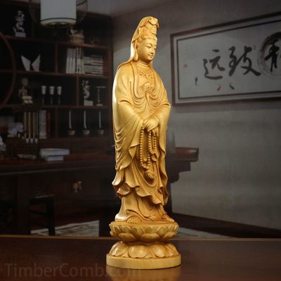 つげ木製南海観音様 置物 実木彫刻 加護と平穏の祈り 仏像 リビングルームインテリア置物工芸品 - 画像 (4)